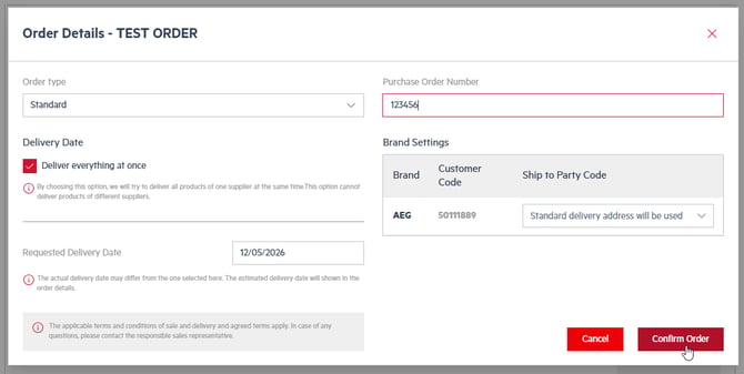 Pop-up window to fill out the order information 